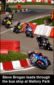 Steve leads through the bus stop at Mallory Park